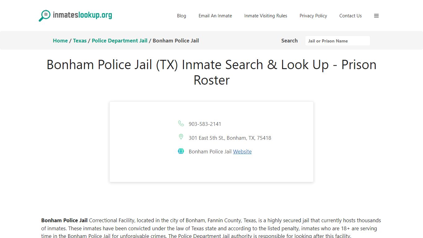 Bonham Police Jail (TX) Inmate Search & Look Up - Prison Roster